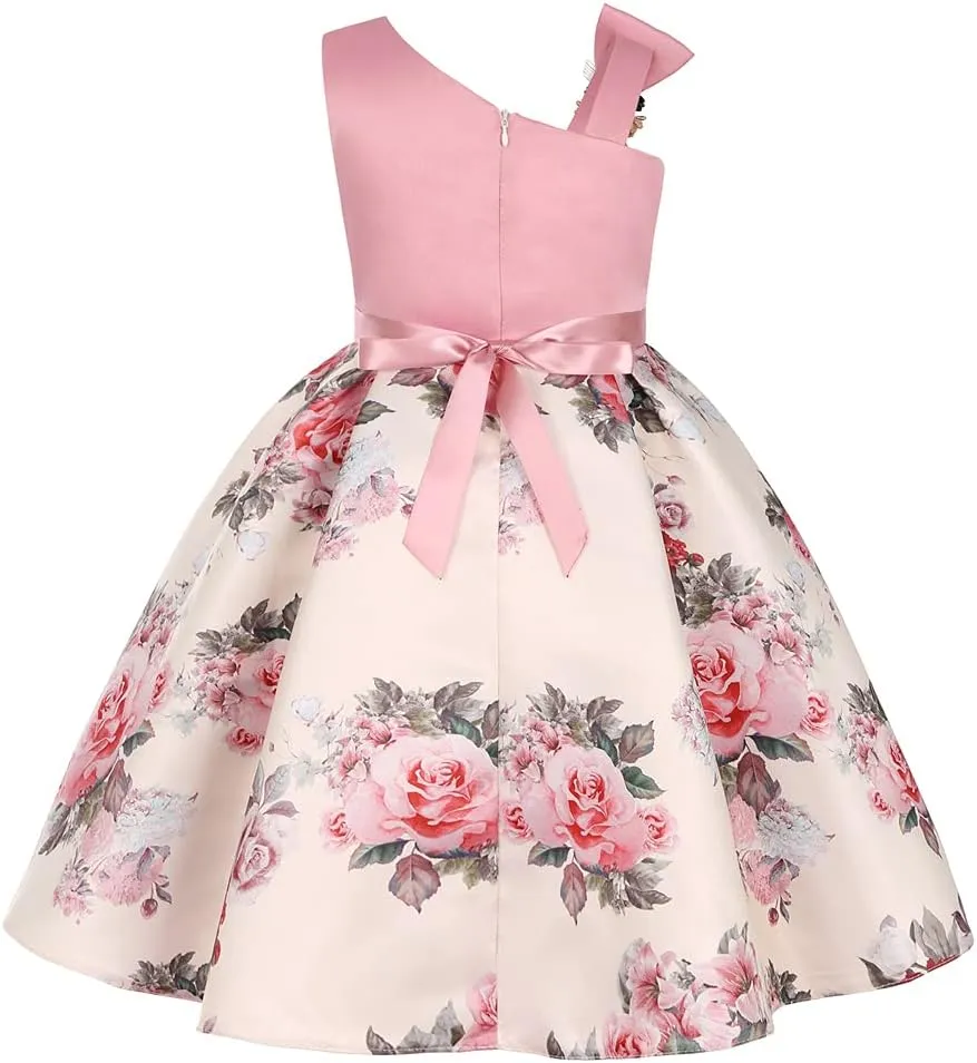 2-9T Girls Kids Striped Floral Ruffles Flower Dress Ball Gown Party Formal Dresses