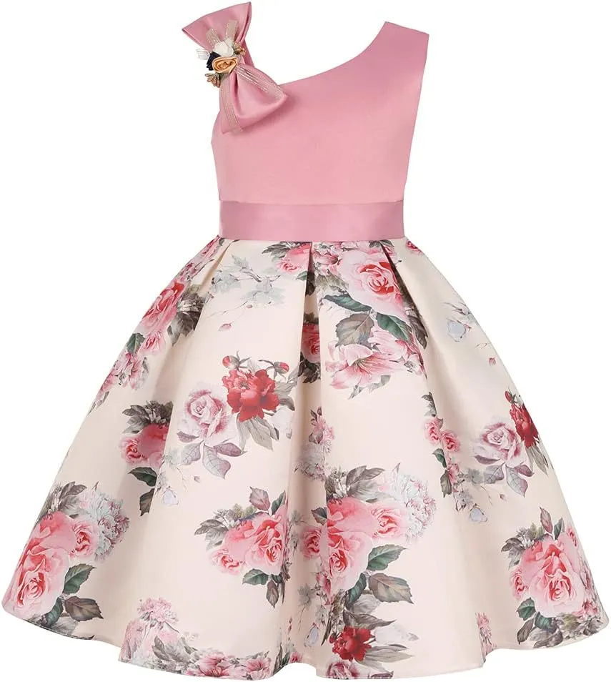 2-9T Girls Kids Striped Floral Ruffles Flower Dress Ball Gown Party Formal Dresses