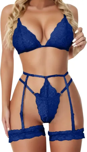 2 Piece Lace Embroidered Lingerie Sets with Garter Belt Push Up Underwire Underwear Strappy Bra and Panty Set Babydoll