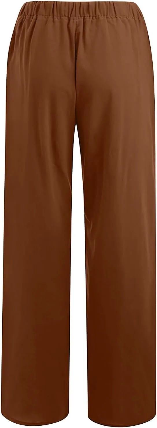2024 Fashion Cotton Linen Pants Women's Summer Casual Drawstring Wide Leg Palazzo Pants Loose Comfy Trousers Pockets
