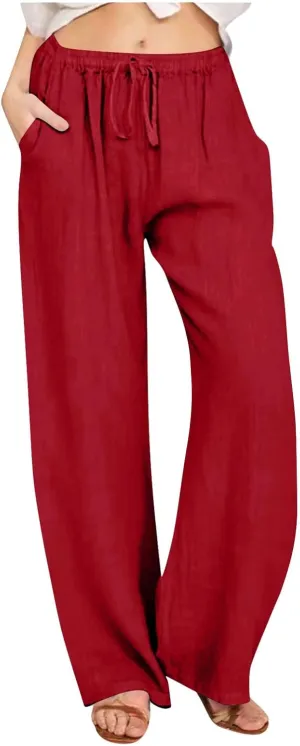 2024 Fashion Cotton Linen Pants Women's Summer Casual Drawstring Wide Leg Palazzo Pants Loose Comfy Trousers Pockets