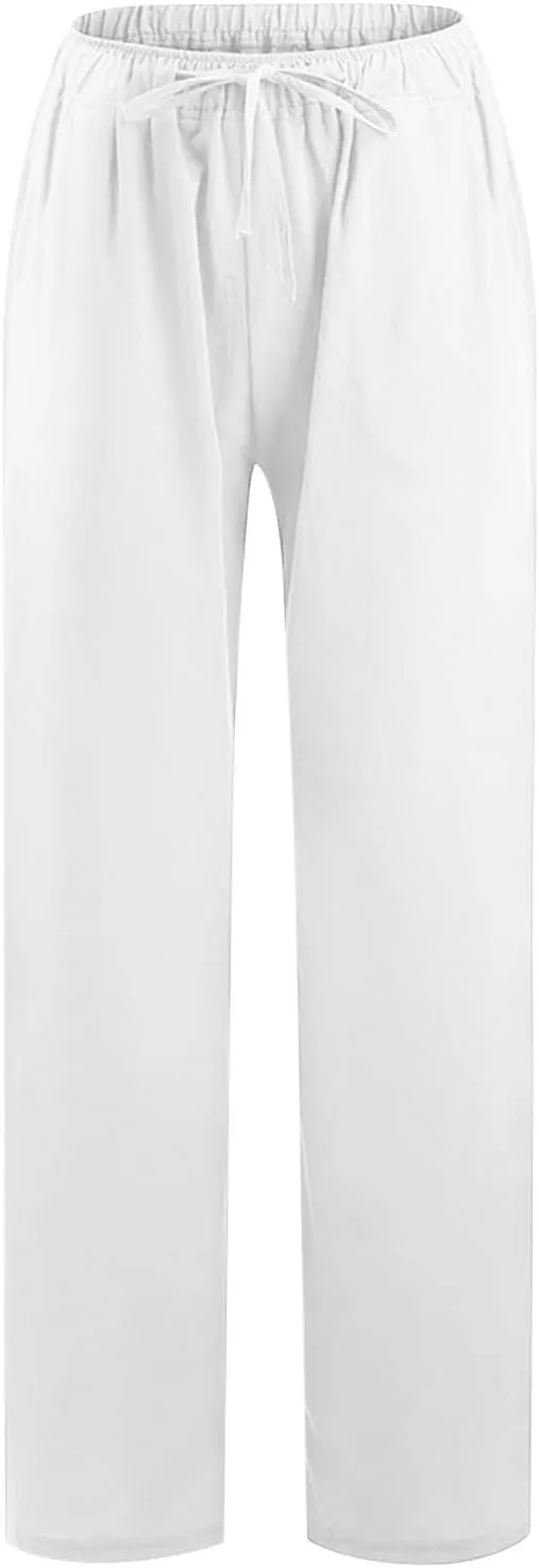 2024 Fashion Cotton Linen Pants Women's Summer Casual Drawstring Wide Leg Palazzo Pants Loose Comfy Trousers Pockets