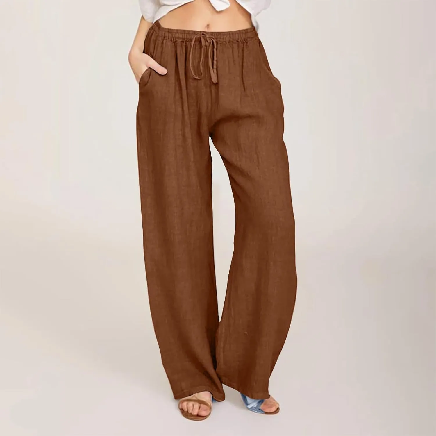 2024 Fashion Cotton Linen Pants Women's Summer Casual Drawstring Wide Leg Palazzo Pants Loose Comfy Trousers Pockets