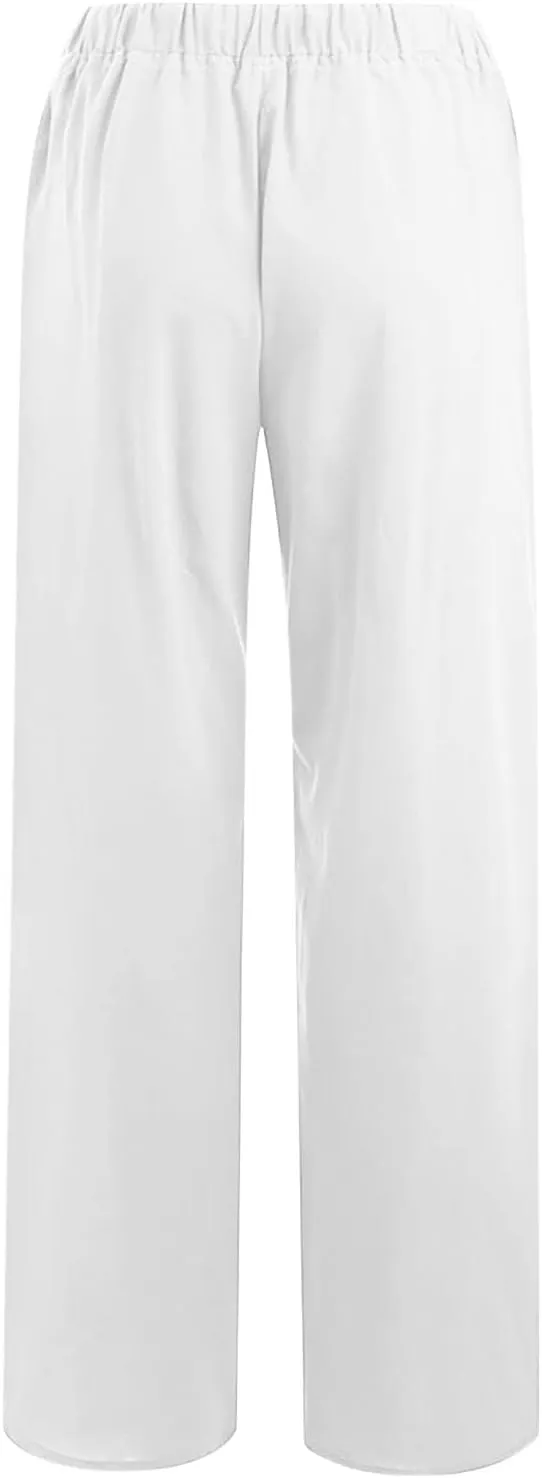 2024 Fashion Cotton Linen Pants Women's Summer Casual Drawstring Wide Leg Palazzo Pants Loose Comfy Trousers Pockets