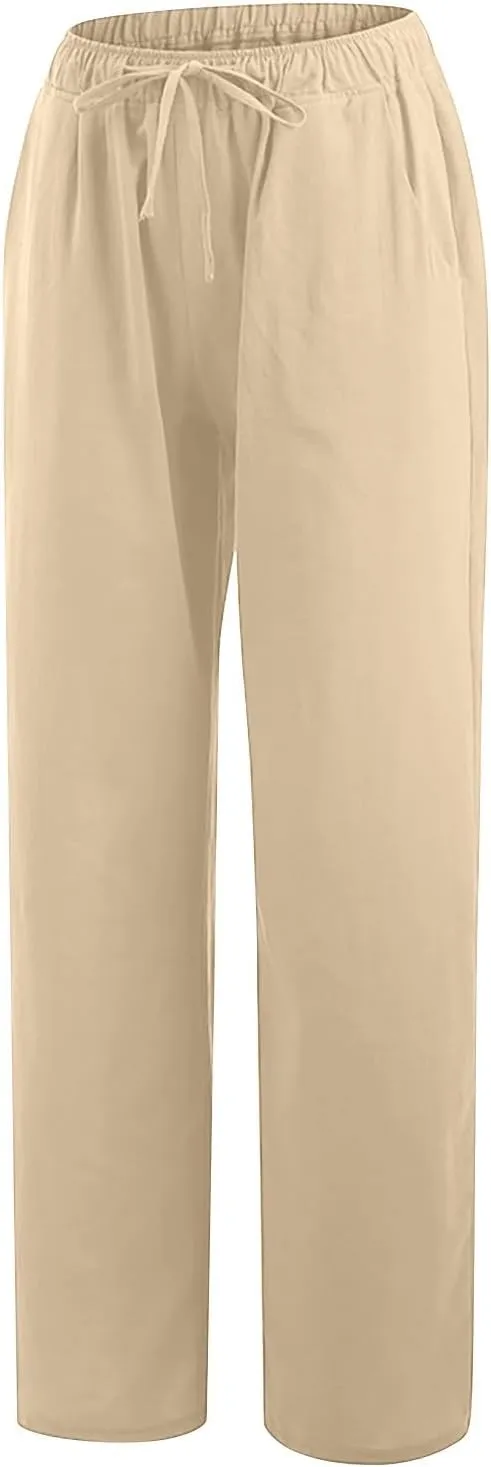 2024 Fashion Cotton Linen Pants Women's Summer Casual Drawstring Wide Leg Palazzo Pants Loose Comfy Trousers Pockets