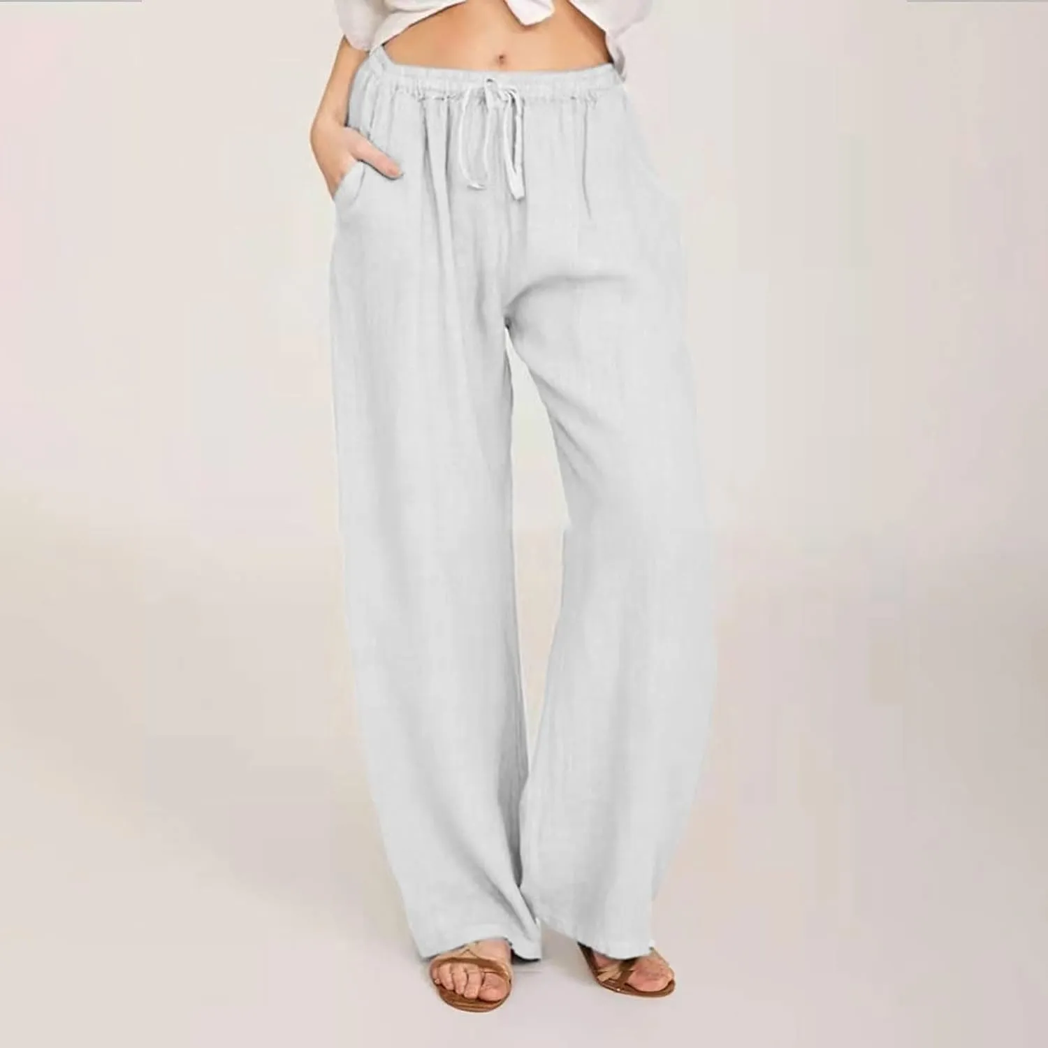 2024 Fashion Cotton Linen Pants Women's Summer Casual Drawstring Wide Leg Palazzo Pants Loose Comfy Trousers Pockets