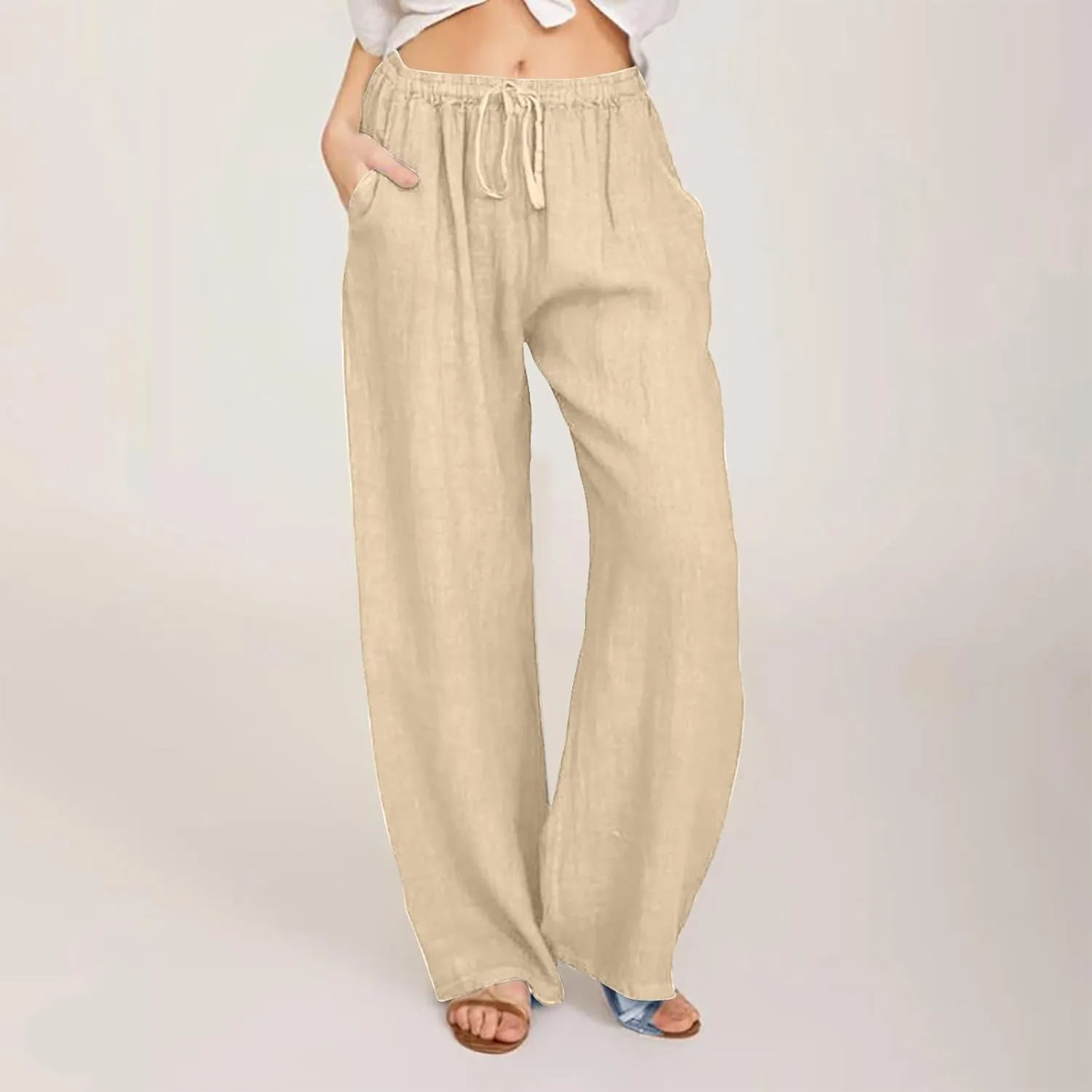 2024 Fashion Cotton Linen Pants Women's Summer Casual Drawstring Wide Leg Palazzo Pants Loose Comfy Trousers Pockets