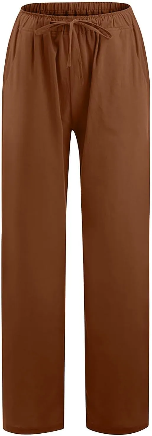2024 Fashion Cotton Linen Pants Women's Summer Casual Drawstring Wide Leg Palazzo Pants Loose Comfy Trousers Pockets
