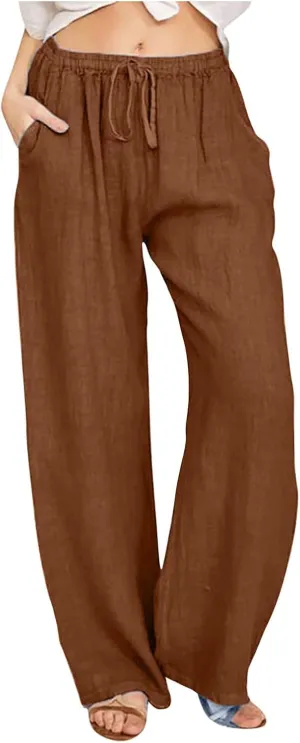 2024 Fashion Cotton Linen Pants Women's Summer Casual Drawstring Wide Leg Palazzo Pants Loose Comfy Trousers Pockets