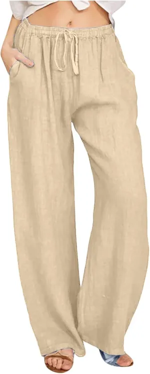 2024 Fashion Cotton Linen Pants Women's Summer Casual Drawstring Wide Leg Palazzo Pants Loose Comfy Trousers Pockets