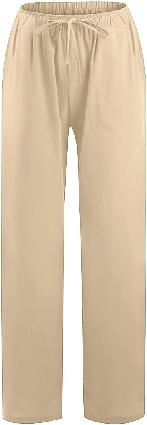 2024 Fashion Cotton Linen Pants Women's Summer Casual Drawstring Wide Leg Palazzo Pants Loose Comfy Trousers Pockets