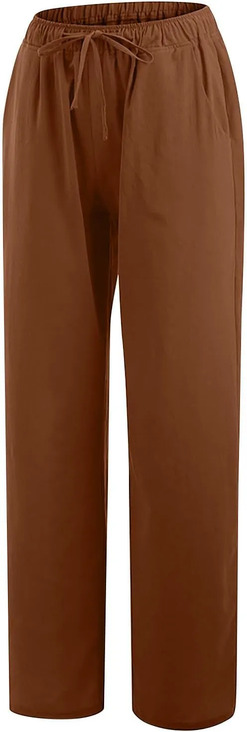 2024 Fashion Cotton Linen Pants Women's Summer Casual Drawstring Wide Leg Palazzo Pants Loose Comfy Trousers Pockets