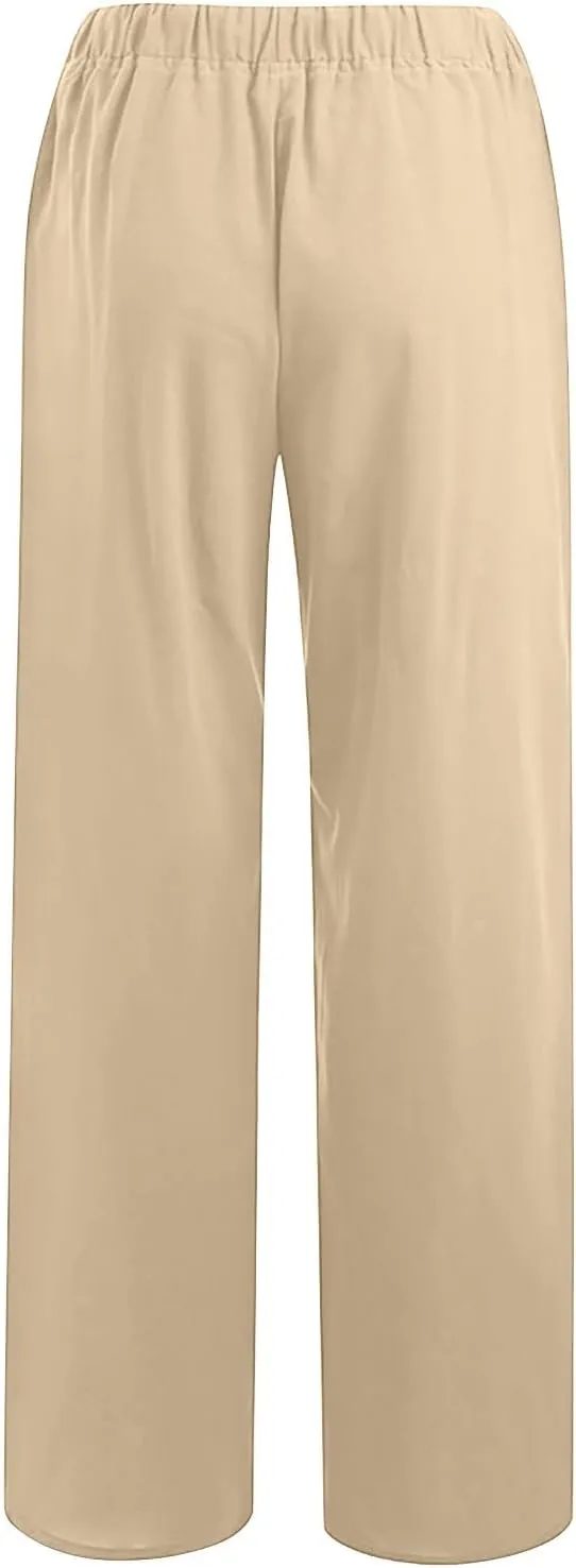 2024 Fashion Cotton Linen Pants Women's Summer Casual Drawstring Wide Leg Palazzo Pants Loose Comfy Trousers Pockets