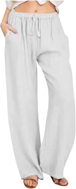 2024 Fashion Cotton Linen Pants Women's Summer Casual Drawstring Wide Leg Palazzo Pants Loose Comfy Trousers Pockets