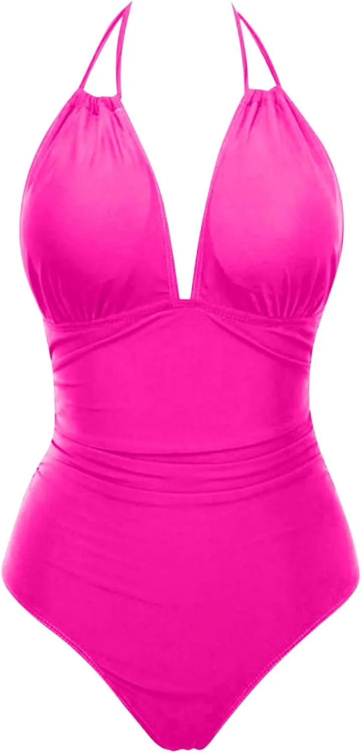 2024 Women's Slimming One Piece Swimsuits Tummy Control Bathing Suit Halter Strappy Swimwear Backless Monokini