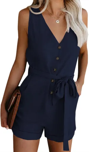 Acelitt Womens Casual Summer Crewneck Ruffle Sleeveless Rompers, XS-XXL