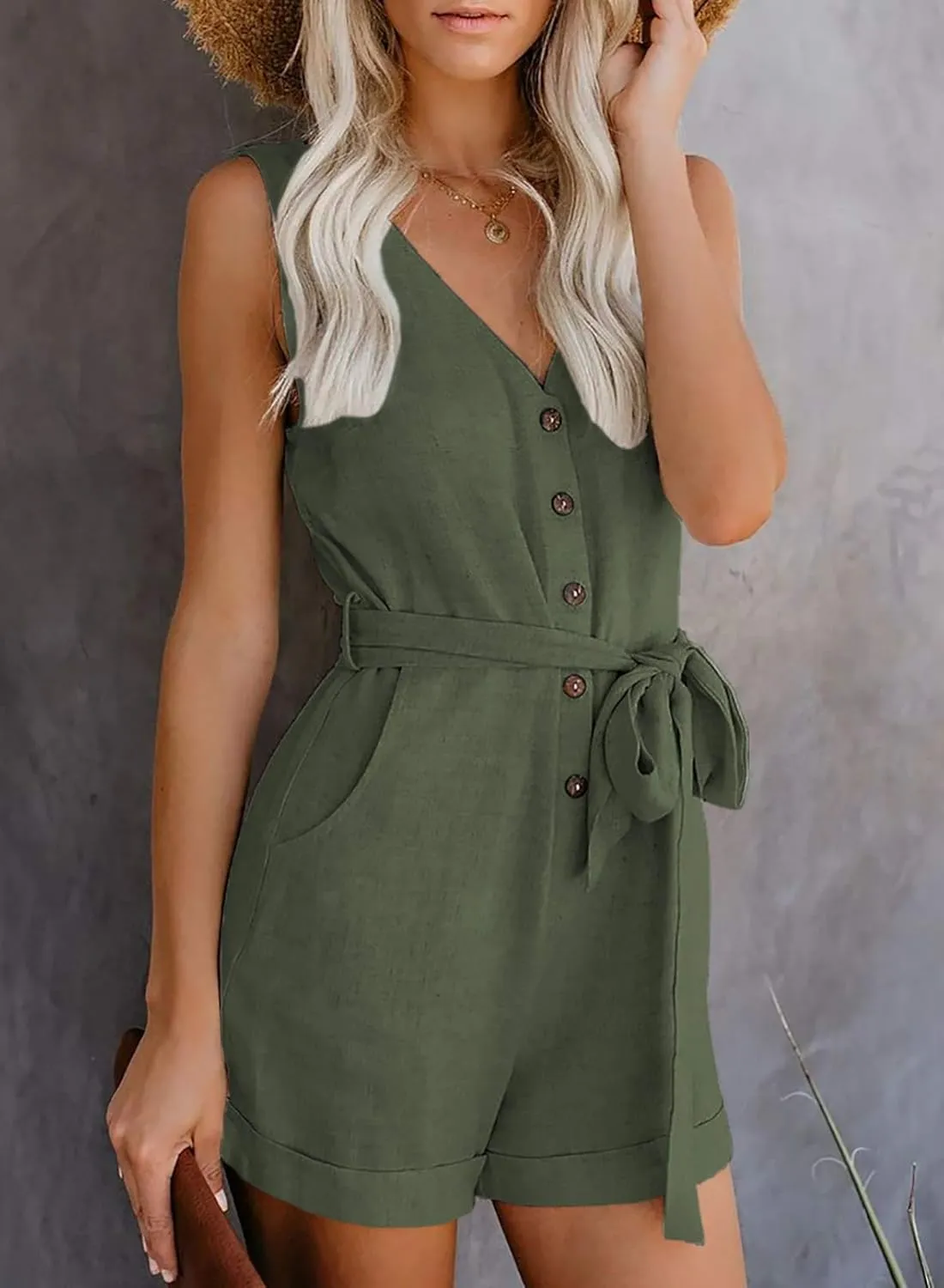 Acelitt Womens Casual Summer Crewneck Ruffle Sleeveless Rompers, XS-XXL
