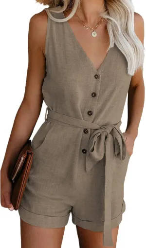 Acelitt Womens Casual Summer Crewneck Ruffle Sleeveless Rompers, XS-XXL