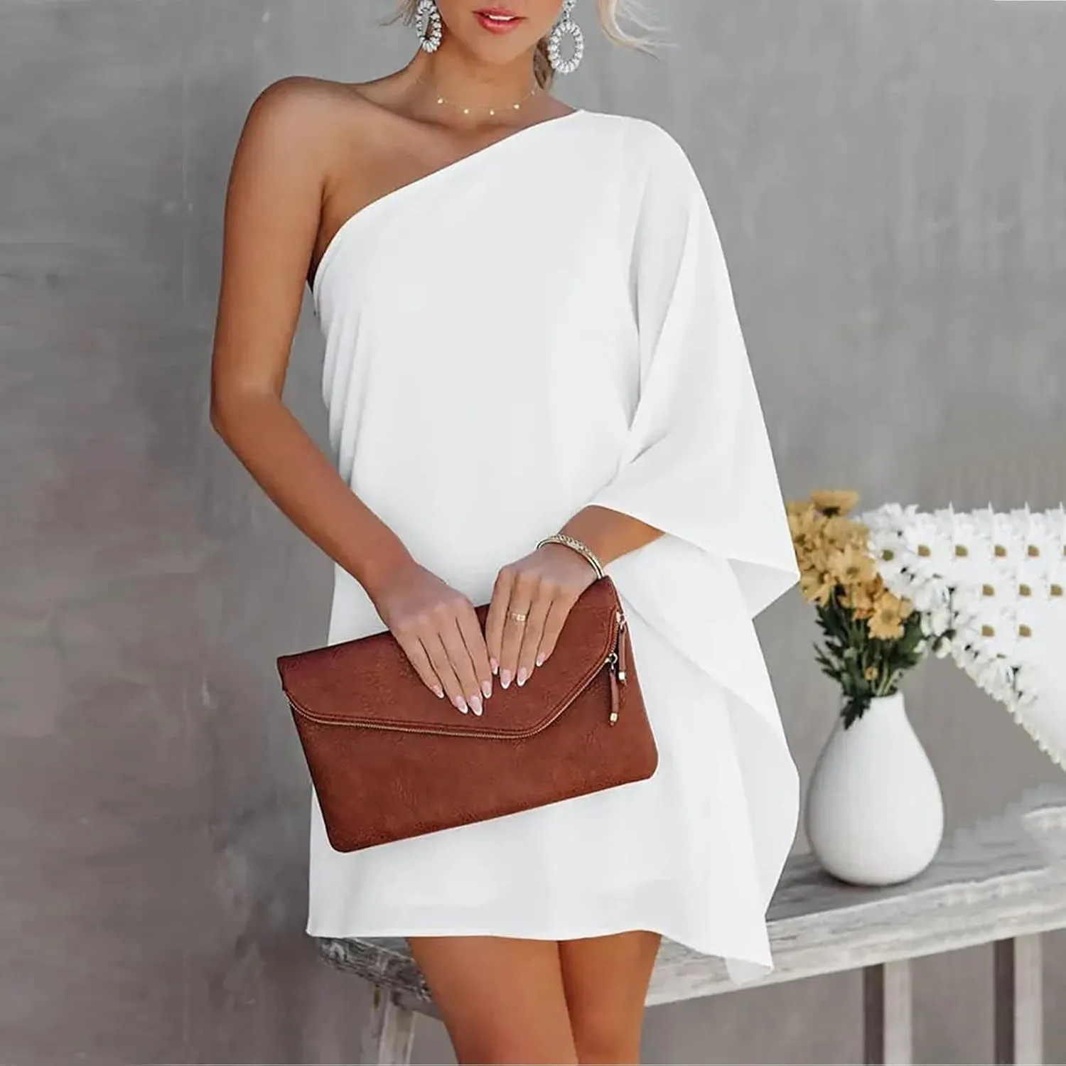 ADHOWBEW Summer Dress for Women,Fashion One Shoulder Batwing Sleeve Mini Dress Loose Fit Casual Flowy Floral Print Cute Dress