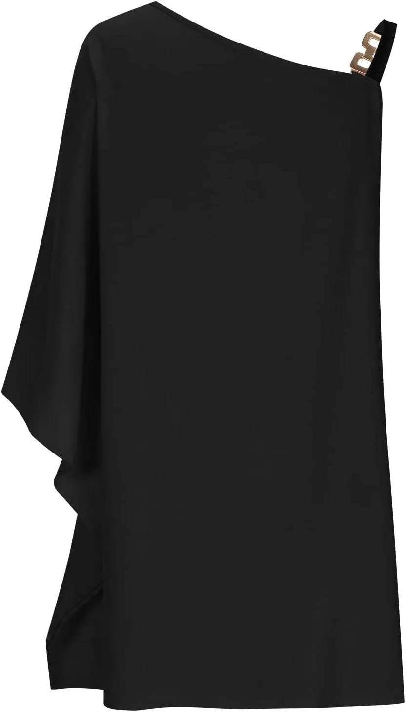 ADHOWBEW Summer Dress for Women,Fashion One Shoulder Batwing Sleeve Mini Dress Loose Fit Casual Flowy Floral Print Cute Dress