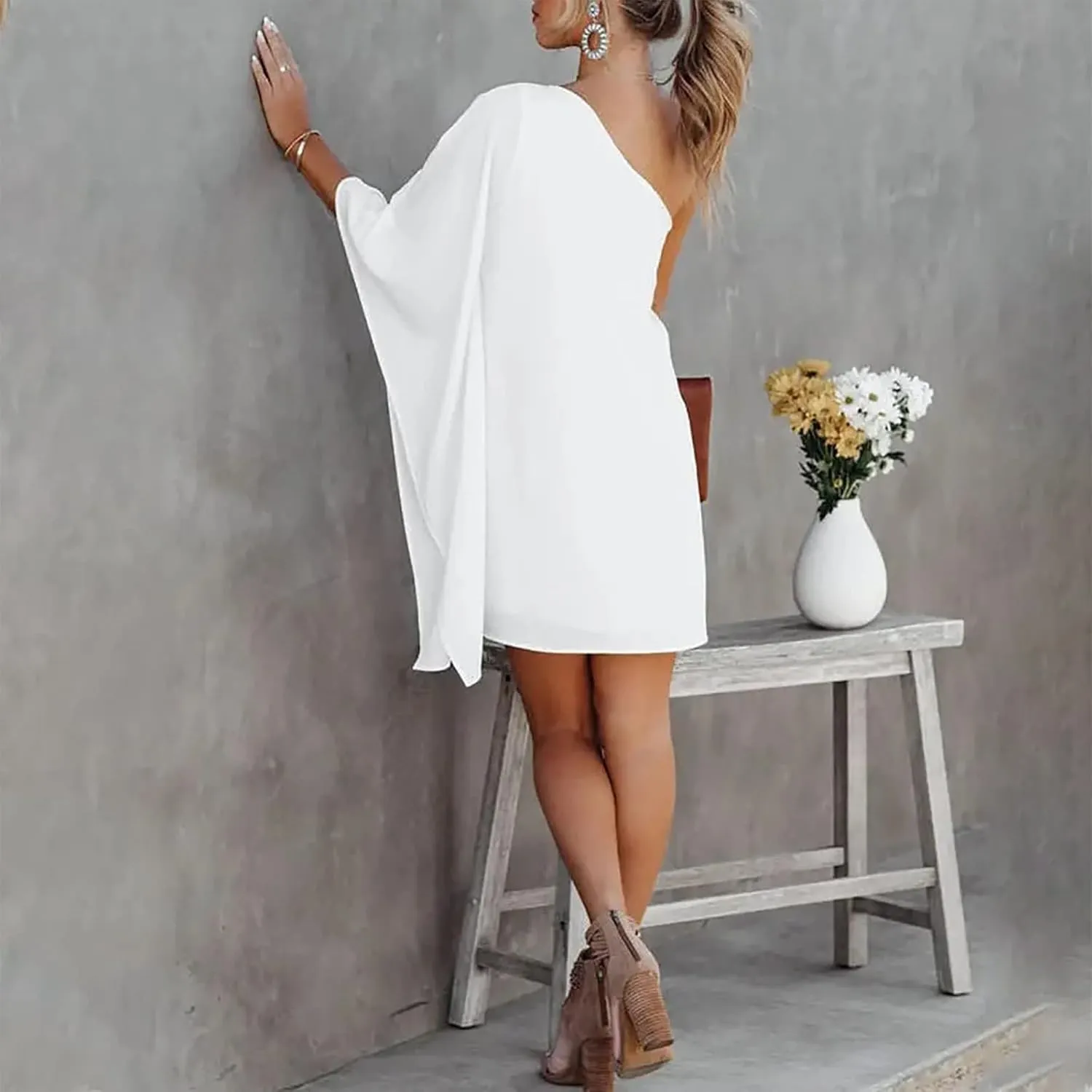 ADHOWBEW Summer Dress for Women,Fashion One Shoulder Batwing Sleeve Mini Dress Loose Fit Casual Flowy Floral Print Cute Dress