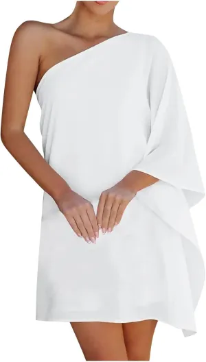 ADHOWBEW Summer Dress for Women,Fashion One Shoulder Batwing Sleeve Mini Dress Loose Fit Casual Flowy Floral Print Cute Dress