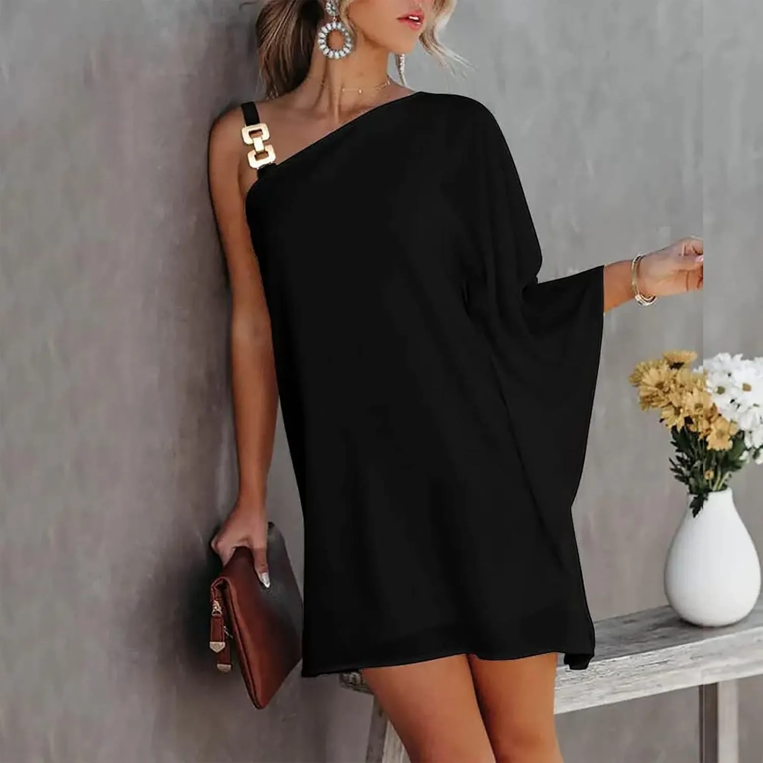 ADHOWBEW Summer Dress for Women,Fashion One Shoulder Batwing Sleeve Mini Dress Loose Fit Casual Flowy Floral Print Cute Dress