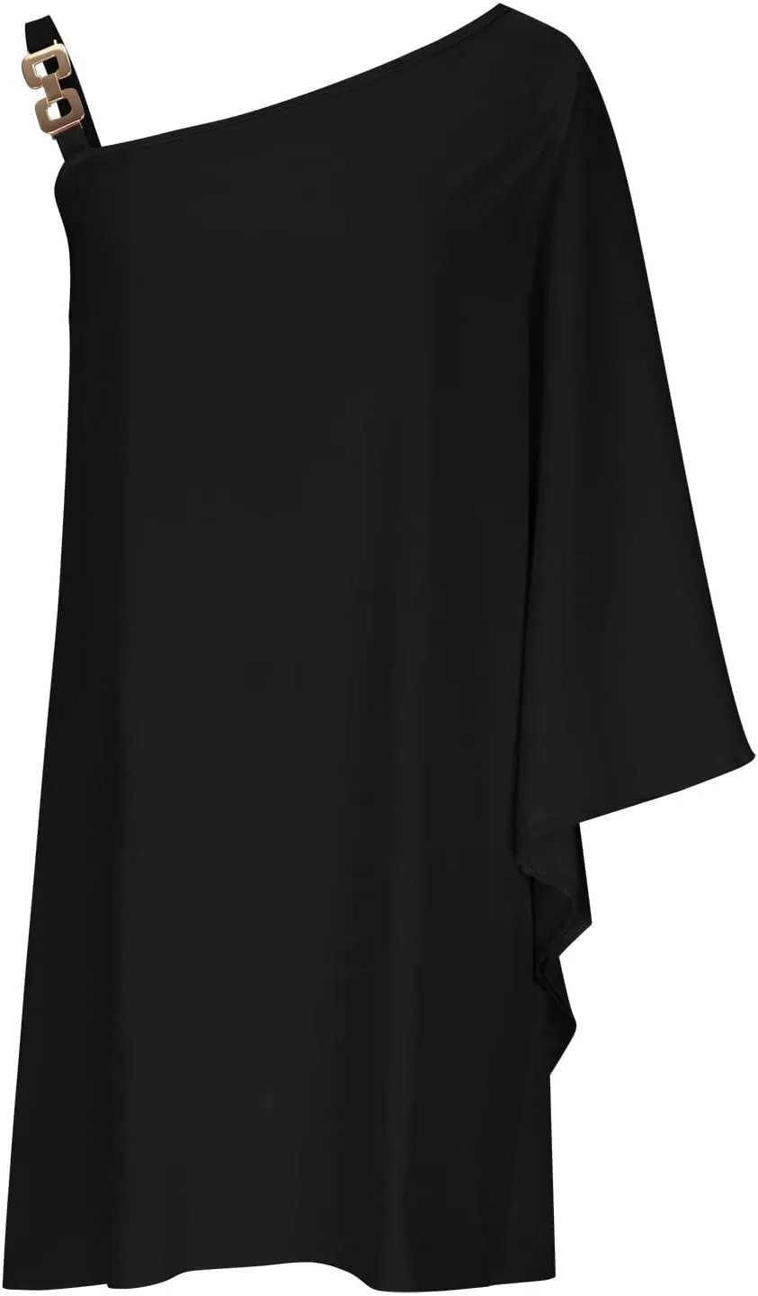 ADHOWBEW Summer Dress for Women,Fashion One Shoulder Batwing Sleeve Mini Dress Loose Fit Casual Flowy Floral Print Cute Dress