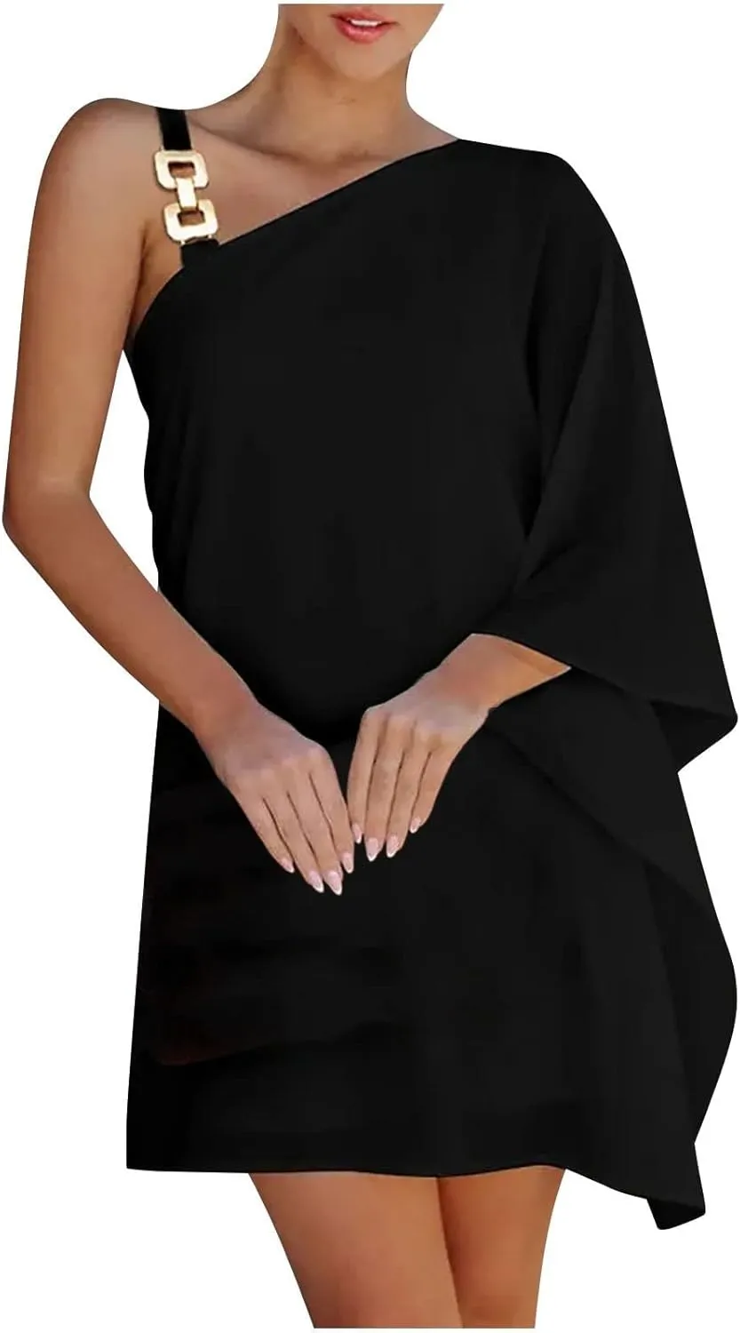 ADHOWBEW Summer Dress for Women,Fashion One Shoulder Batwing Sleeve Mini Dress Loose Fit Casual Flowy Floral Print Cute Dress