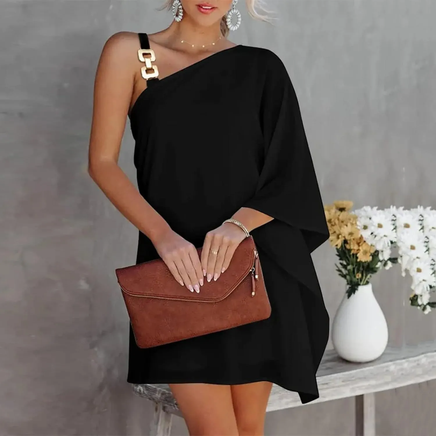 ADHOWBEW Summer Dress for Women,Fashion One Shoulder Batwing Sleeve Mini Dress Loose Fit Casual Flowy Floral Print Cute Dress