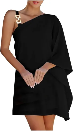 ADHOWBEW Summer Dress for Women,Fashion One Shoulder Batwing Sleeve Mini Dress Loose Fit Casual Flowy Floral Print Cute Dress