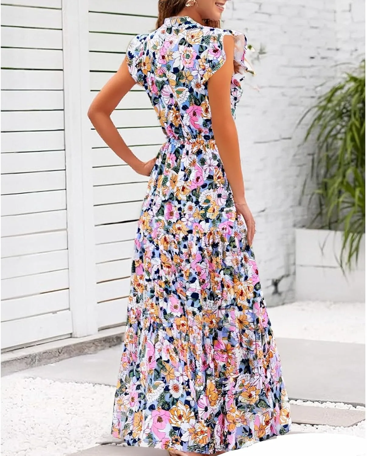 ADHOWBEW Womens Summer Dress Floral Print Smocked Waist Tie Short Sleeve Elegant Flowy Sexy Casual Dresses