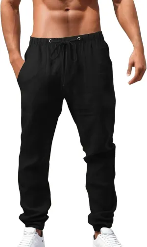 Alalaso Mens Long Pants Drawstring Stretch Trendy Cotton Linen Casual Summer Wicking Breathable Solid Color Beach Trousers