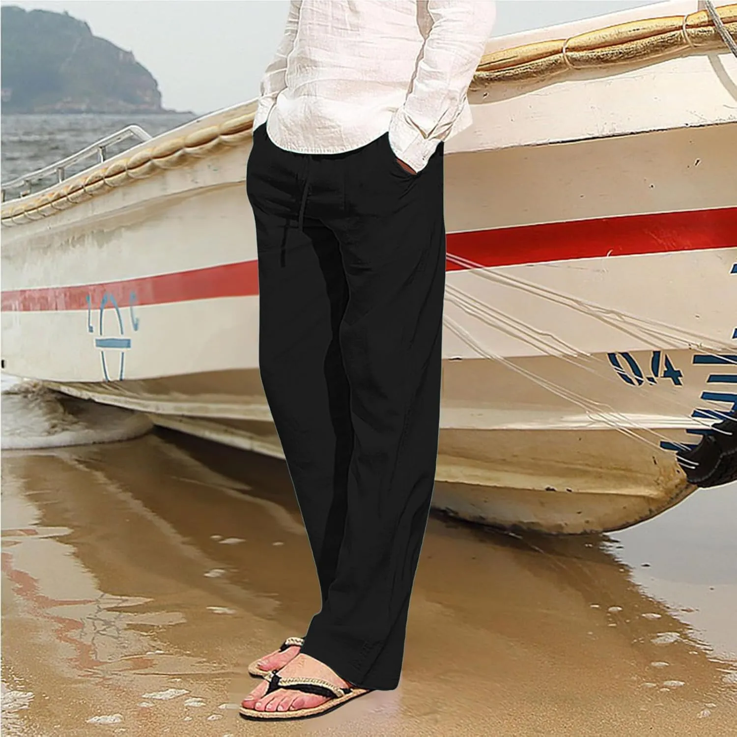 Alalaso Mens Long Pants Drawstring Stretch Trendy Cotton Linen Casual Summer Wicking Breathable Solid Color Beach Trousers