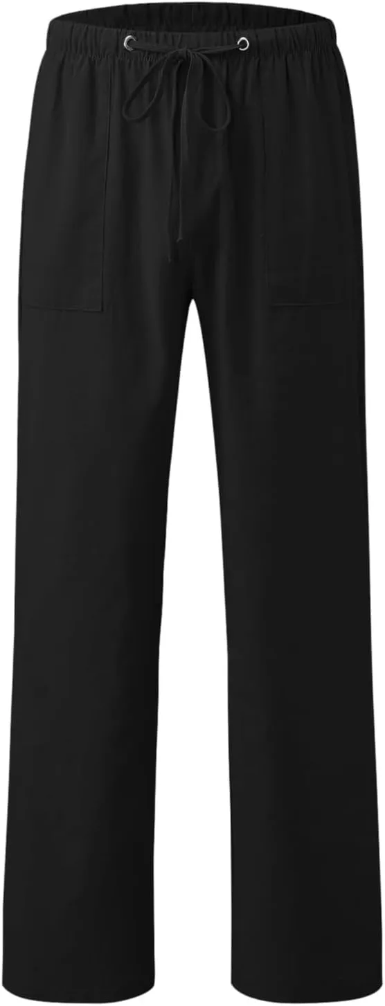 Alalaso Mens Long Pants Drawstring Stretch Trendy Cotton Linen Casual Summer Wicking Breathable Solid Color Beach Trousers