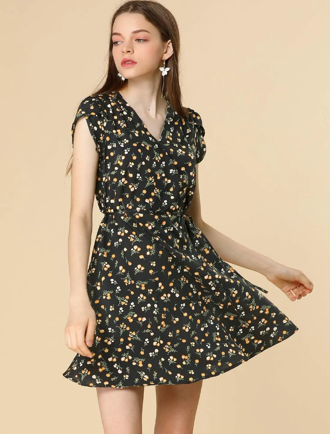 Allegra K Women's Boho Crossover V Neck Petal Sleeves Belted Floral Flowy Dress