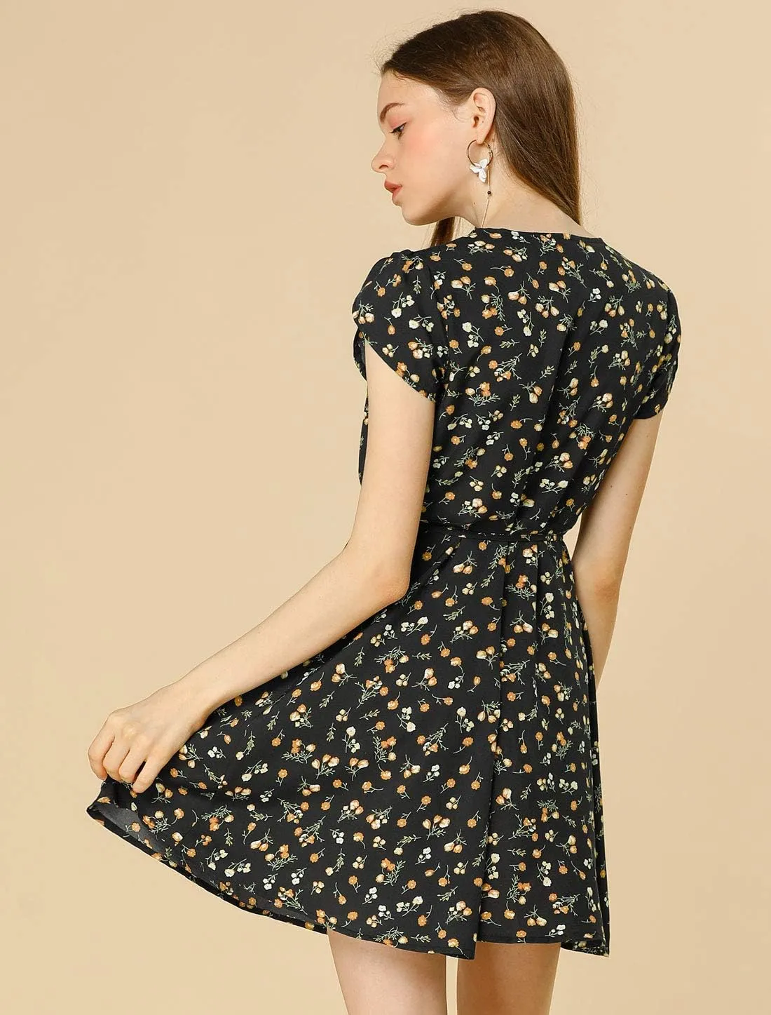 Allegra K Women's Boho Crossover V Neck Petal Sleeves Belted Floral Flowy Dress