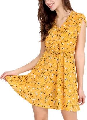 Allegra K Women's Boho Crossover V Neck Petal Sleeves Belted Floral Flowy Dress