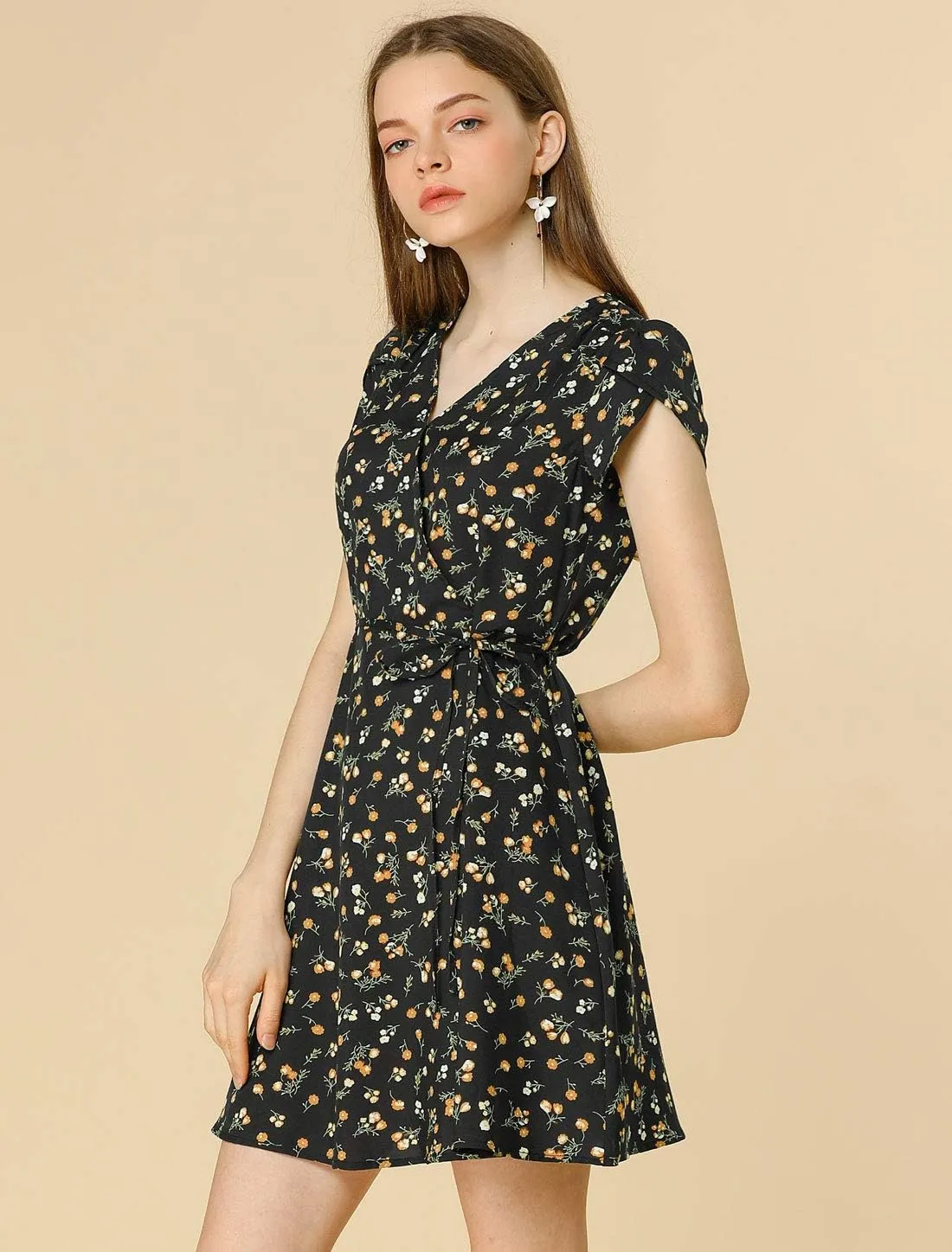 Allegra K Women's Boho Crossover V Neck Petal Sleeves Belted Floral Flowy Dress