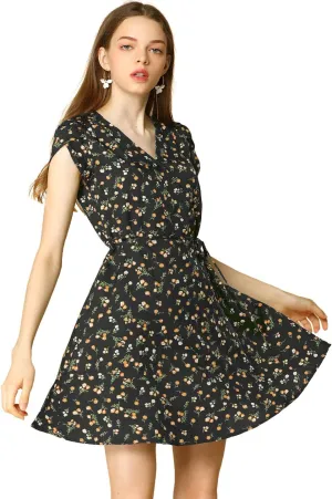 Allegra K Women's Boho Crossover V Neck Petal Sleeves Belted Floral Flowy Dress
