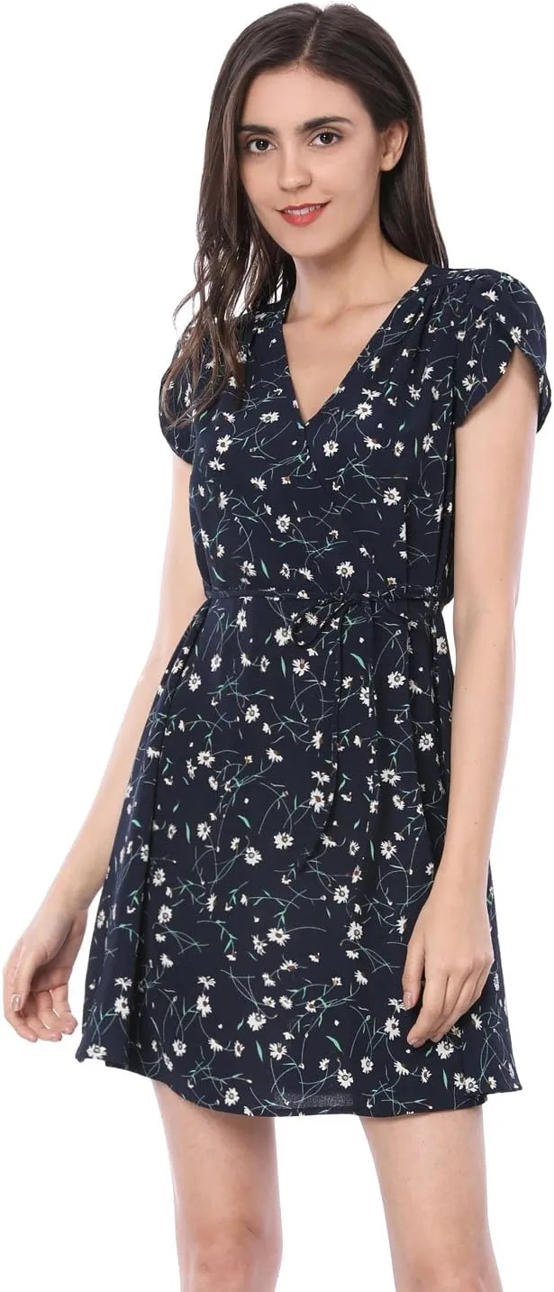 Allegra K Women's Boho Crossover V Neck Petal Sleeves Belted Floral Flowy Dress