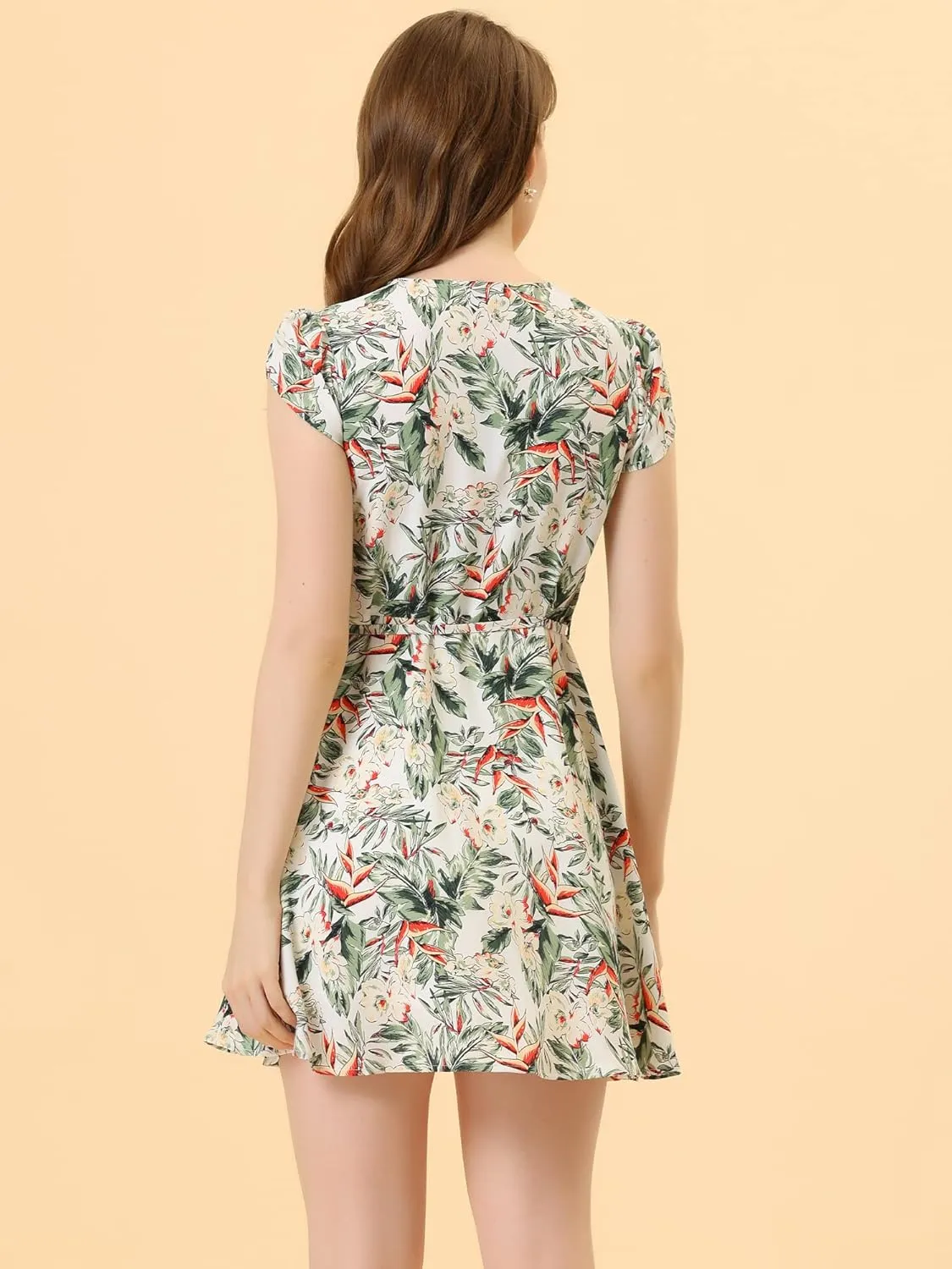 Allegra K Women's Boho Crossover V Neck Petal Sleeves Belted Floral Flowy Dress