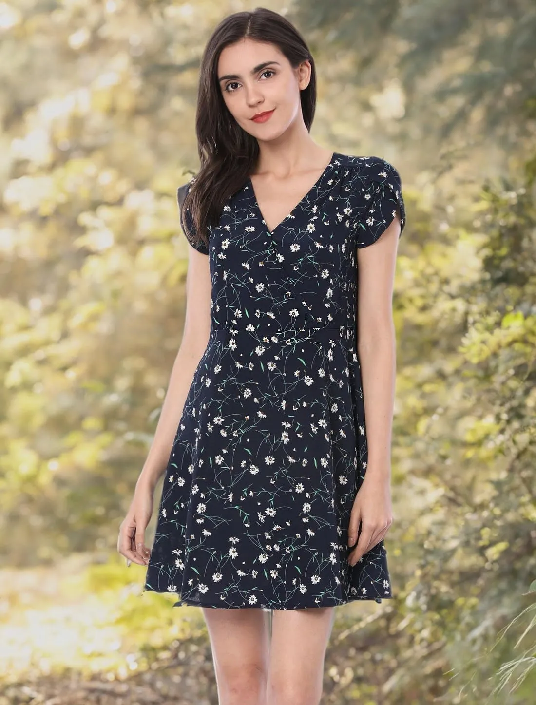 Allegra K Women's Boho Crossover V Neck Petal Sleeves Belted Floral Flowy Dress