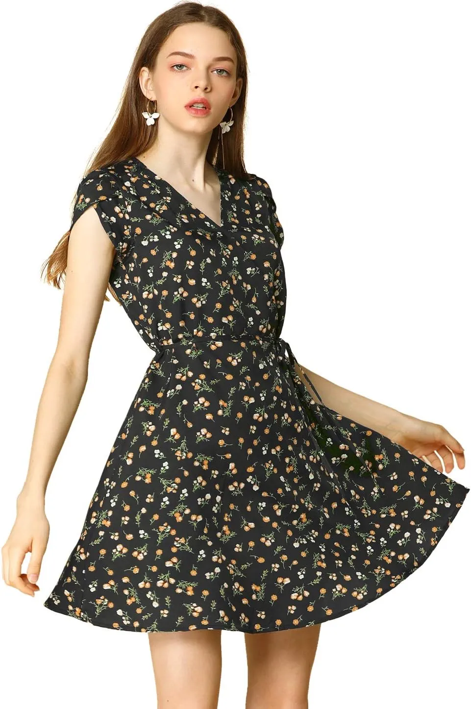 Allegra K Women's Boho Crossover V Neck Petal Sleeves Belted Floral Flowy Dress
