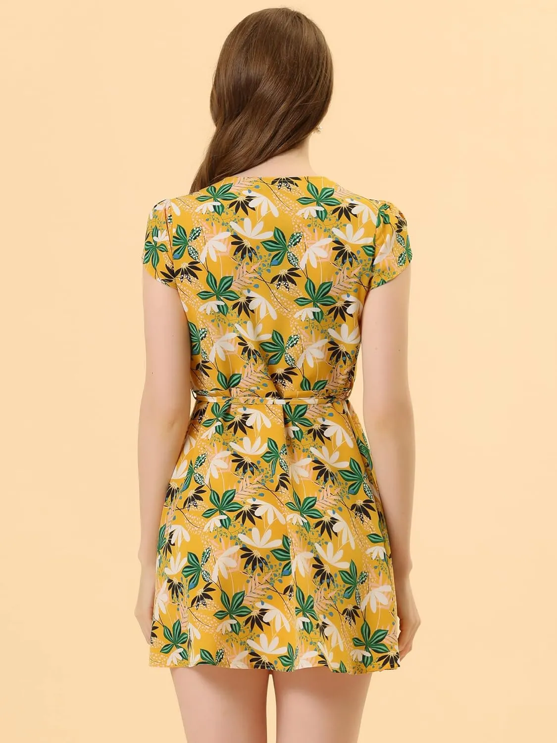 Allegra K Women's Boho Crossover V Neck Petal Sleeves Belted Floral Flowy Dress