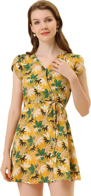 Allegra K Women's Boho Crossover V Neck Petal Sleeves Belted Floral Flowy Dress