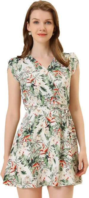 Allegra K Women's Boho Crossover V Neck Petal Sleeves Belted Floral Flowy Dress