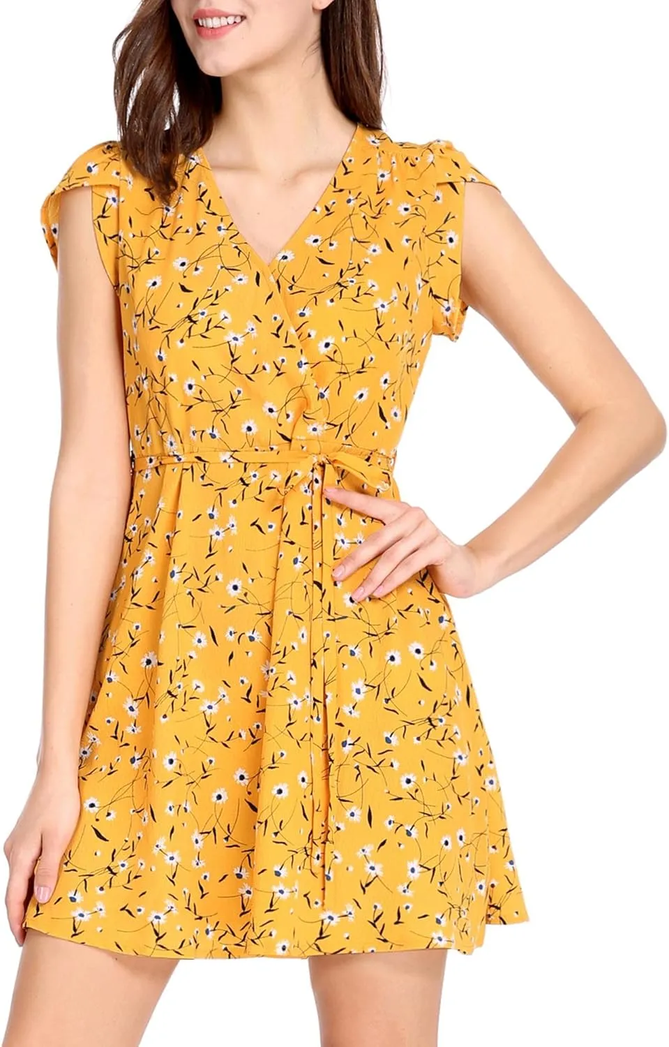 Allegra K Women's Boho Crossover V Neck Petal Sleeves Belted Floral Flowy Dress