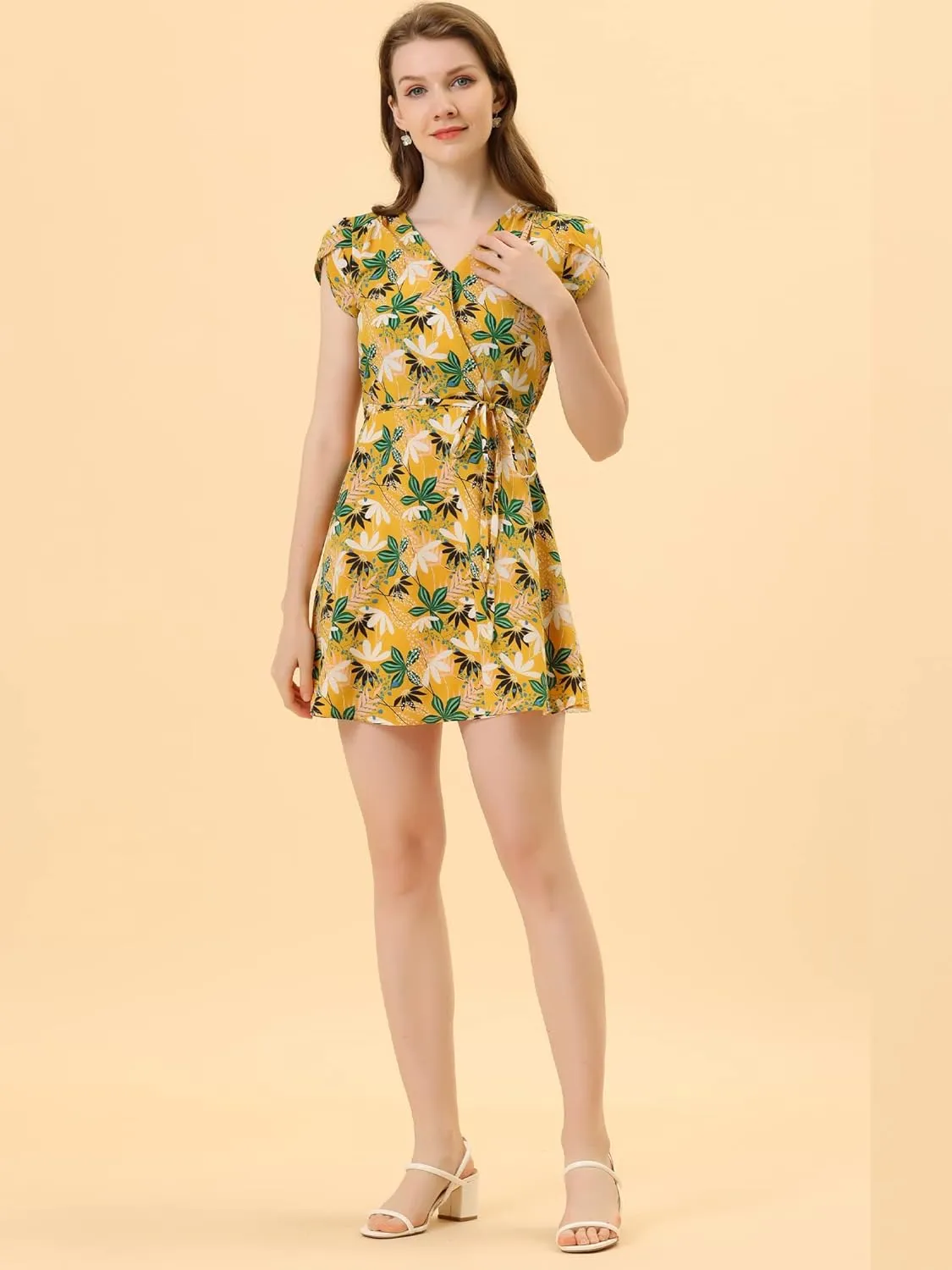 Allegra K Women's Boho Crossover V Neck Petal Sleeves Belted Floral Flowy Dress