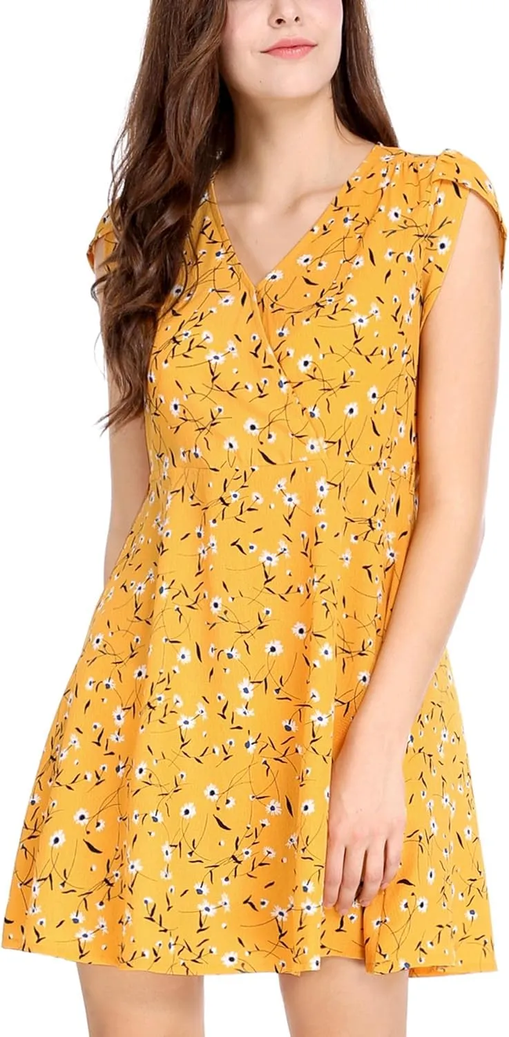 Allegra K Women's Boho Crossover V Neck Petal Sleeves Belted Floral Flowy Dress